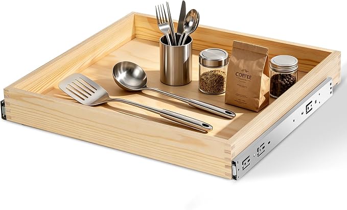 Wooden Pull Out Cabinet Organizer 24" W x 21" D x 3" H Solid Wood Drawer with Soft Close Slides Bottom or Side Mount for Pantry Bathroom Bedroom Dining Room Storage