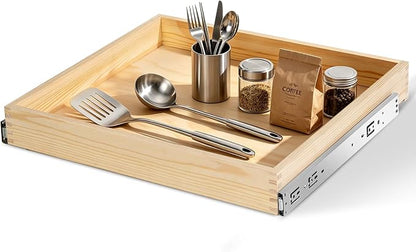 Wooden Pull Out Cabinet Organizer 24" W x 21" D x 3" H Solid Wood Drawer with Soft Close Slides Bottom or Side Mount for Pantry Bathroom Bedroom Dining Room Storage