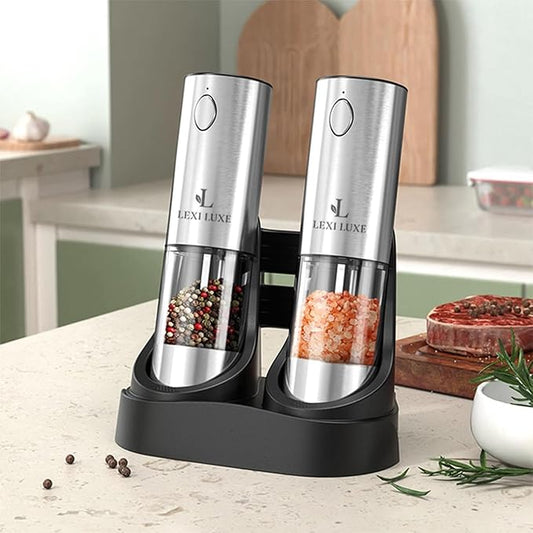 Electric Salt and Pepper Grinder Set, Rechargeable USB-C Automatic Grinder with Charging Base, LED Light, Adjustable Coarseness – Stainless Steel Pepper Mill Set (SILVER)