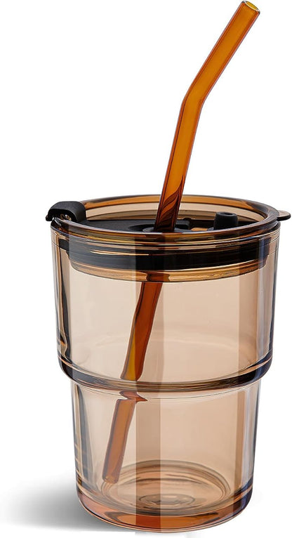 Olvini 13oz Glass Tumbler with Straw and Lid, Reusable Iced Coffee Cup Tumbler, Cute Glass Cups for Water, Matcha, Travel Coffee Mugs (Amber - 13oz)