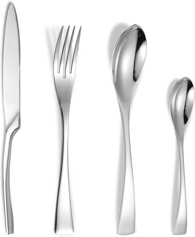 Lemeya 24 Pieces Silverware Set for 6,Heavy Duty 18/10 Stainless Steel Flatware Set with Forged Stand Knife,Modern Cutlery Utensil Set,Mirror Polished,Dishwasher Safe