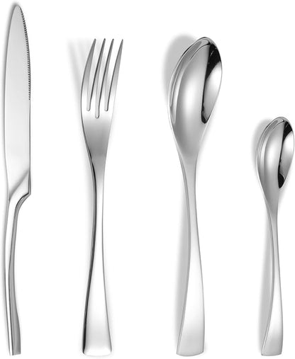 Lemeya 24 Pieces Silverware Set for 6,Heavy Duty 18/10 Stainless Steel Flatware Set with Forged Stand Knife,Modern Cutlery Utensil Set,Mirror Polished,Dishwasher Safe