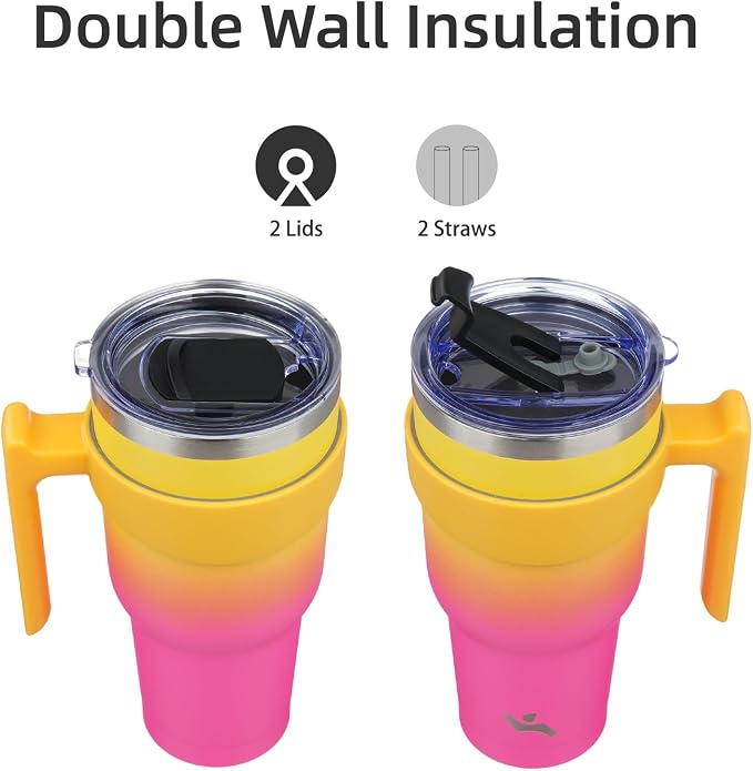 Konokyo 40 oz Tumbler with Handle and 2 Straw 2 Lid, Insulated Water Bottle Stainless Steel Vacuum Cup Reusable Travel Mug,Rainbow