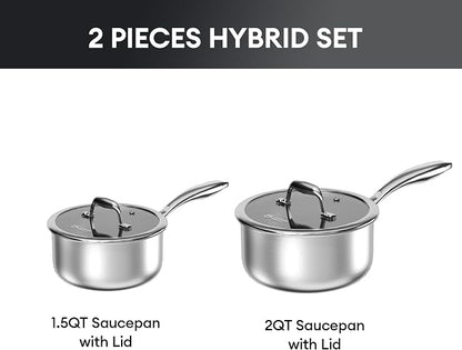 COOKER KING Sauce Pan Set, 1.5 QT & 2 QT Saucepan with Lid, Hybrid Ceramic Nonstick Saucepan, non stick Sauce pot, Stainless steel Cookware, Induction Compatible (PFAS/PFOA/PTFE Free)