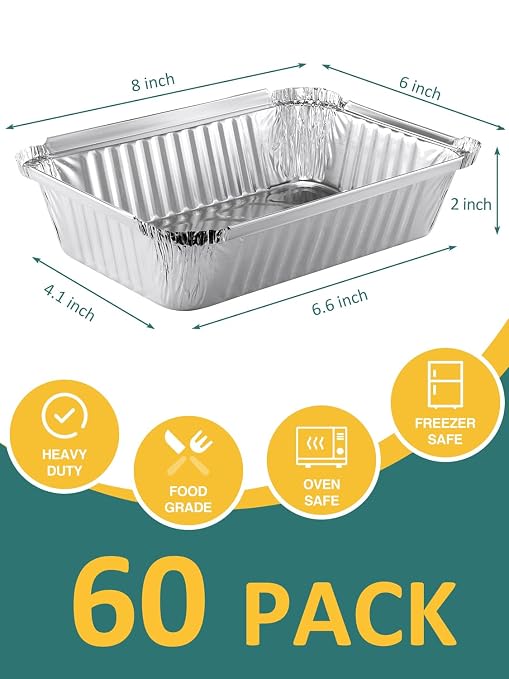 NEEBAKE 60 Pack 8x6 Disposable Aluminum Pans Aluminum-Foil-Pans-Tin-Foil-Baking-Pans-Tin-Trays-Food-Containers-for-Meal-Prep-Cooking-Roasting-Heating