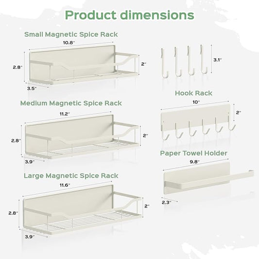 5 Pack Multifunctional Magnetic Shelves for Refrigerator Spice Rack & Washing Machine Organize, Include Paper Towel Holder, Kitchen Utensil Hanger and Hooks, Strong Magnet for Secure Hold (Cream)