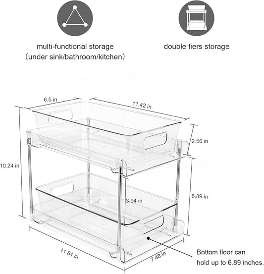 4 Pack Bathroom Organizers and Storage, 2-Tier Clear Under Sink Organizer, Vanity Counter Storage, Medicine Cabinet Organization, Pull-Out Cabinet Organizer With Track For Bathroom, Kitchen, Pantry