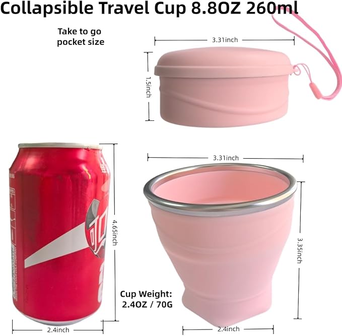 Collapsible Cup, 8.8oz 260ml Foldable Travel Mini Coffee Mug, BPA Free Silicone Water Cup and Lid with Stainless Steel Rim, Portable Pocket Cup for Outdoor, Hiking, Camping & Kids （Pink）