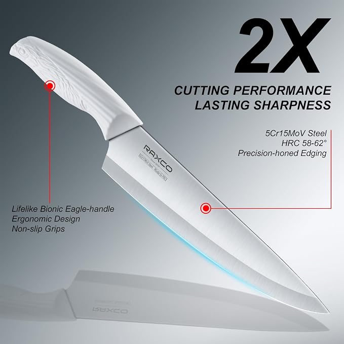RAXCO 15-Piece Kitchen Knife Set with Block, White | Stainless Steel Blades, Ergonomic Handles. 15-Pc in Modern Block With Built-in Sharpener.