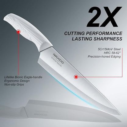 RAXCO 15-Piece Kitchen Knife Set with Block, White | Stainless Steel Blades, Ergonomic Handles. 15-Pc in Modern Block With Built-in Sharpener.