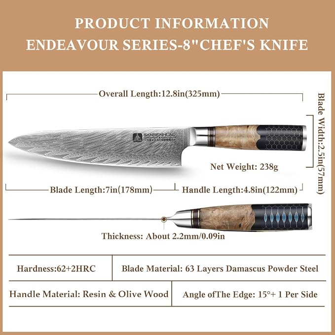 8 inch Japanese Damascus Chef Knife, Damascus Chefs Knife Kitchen Knives for All-Around Food Preparation, Japanese Super Steel Sharp Chef's Knives, Professional Resin Handle Chef Knife