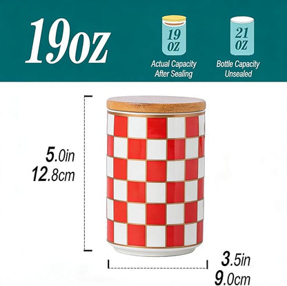 Kitchen Countertop Ceramic Checkered Canisters,Black And White Food Storage Containers With Lid,Airtight Kitchen Canisters for Flour, Sugar, Coffee, Tea, and Dry Goods (Red, Small)