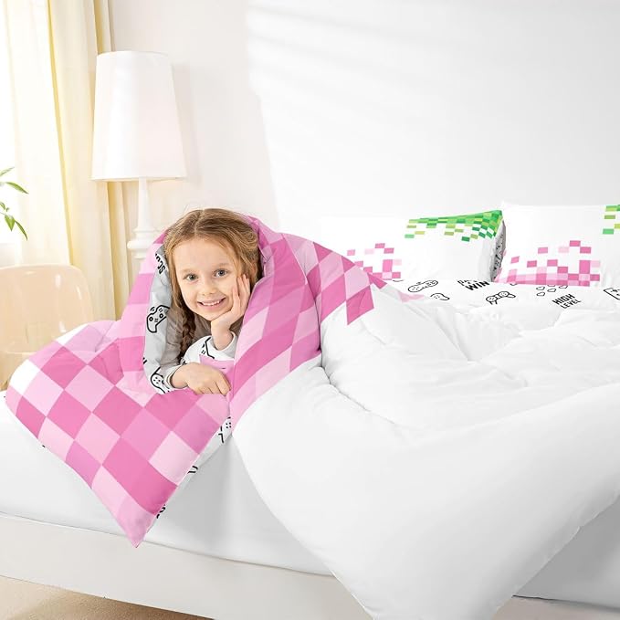Manfei Pixelated Style Comforter Set Queen Size,Gamepad Miners Video Games Duvet Insert Adults Bedroom Decor,Miners Lattice Bedding Set,Pink Green Ultra Soft Microfiber Inner Fill 3Pcs Bedding