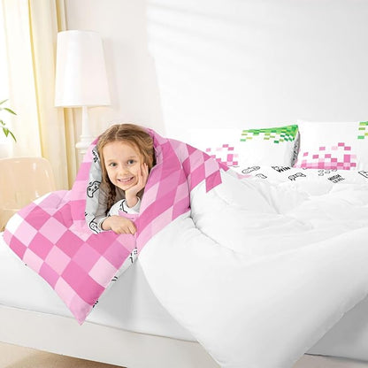 Manfei Pixelated Style Comforter Set Queen Size,Gamepad Miners Video Games Duvet Insert Adults Bedroom Decor,Miners Lattice Bedding Set,Pink Green Ultra Soft Microfiber Inner Fill 3Pcs Bedding