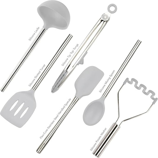 Tovolo Silicone Cooking Utensil Set of 6 Stainless Steel Handle Ladle Slotted Turner Tongs Flex Core Spatula Scraper Mixing Spoon & Potato Masher, Dishwasher Safe BPA Free Utensils, Oyster Gray