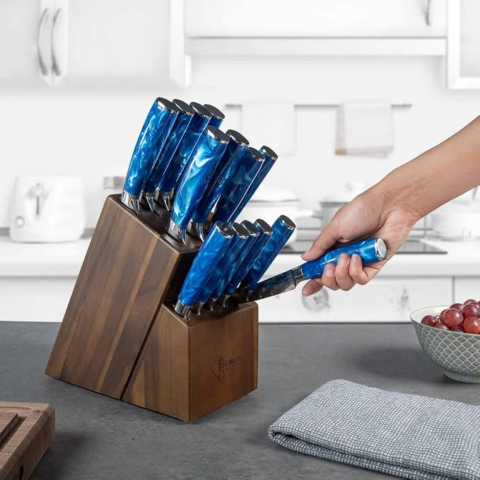 SENKEN 16-Piece Knife Block Set - Japanese High Carbon Stainless Steel with Damascus Pattern, Blue Resin Handles, 6 Steak Knives & Acacia Hardwood Block (Blue)