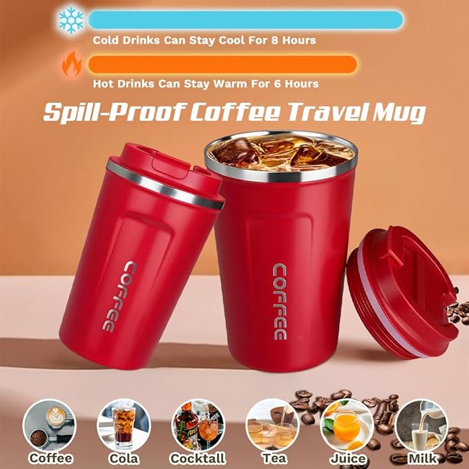 SPLMIFA Travel coffee mugs leak-proof, reusable coffee cup with lid, stainless steel vacuum insulated coffee tumblers, thermal insulation cups for men & women keep drinks hot & cold (2nd-Red, 12OZ)