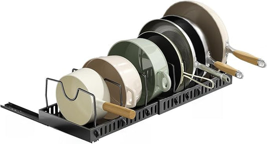 Pull-Out Pots and Pans Organizer, Expandable Lid Rack Pans Organizer Under Cabinet with 12 Adjustable Dividers, Storage Rack for Cookware, Spice, Cutting Board, Dishes, Baking Tray, Lid (Black)