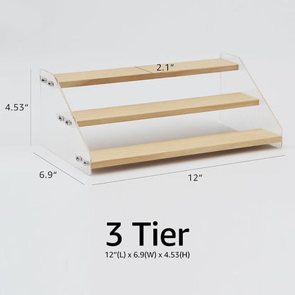 nianfeng Tiered Spice Rack, 3-Tier Spice Pantry Kitchen Cabinet Organizer, 12-Inch, Natural Wood Acrylic Stair Riser Stand, Countertop Seasoning Shelf