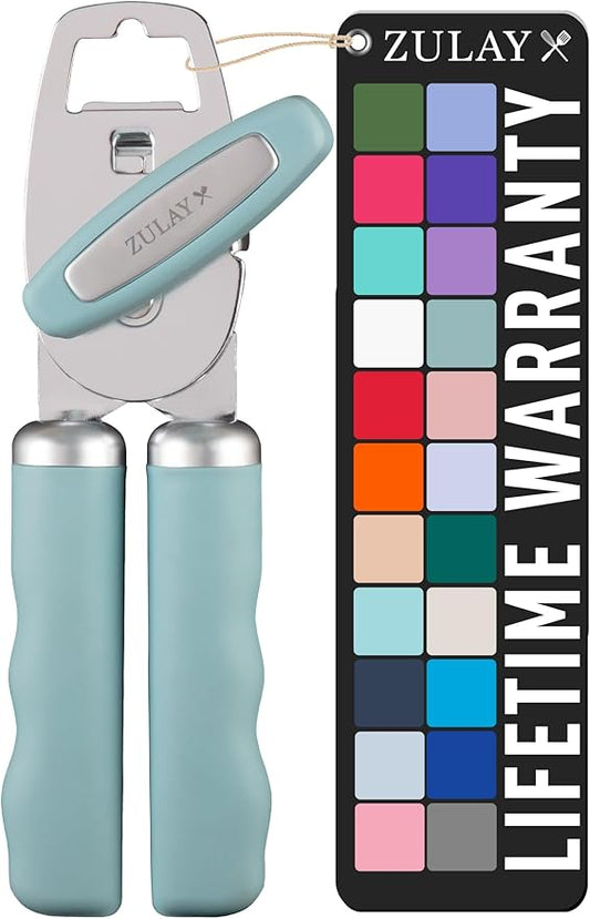 Zulay Kitchen Heavy Duty Stainless Steel Can Opener Manual with Bottle Opener - Rust Proof Manual Can Opener With Turn Knob & Comfy Soft Grip Handles - Mint