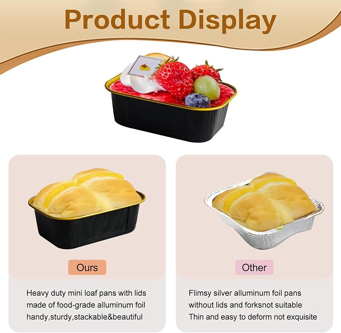 mini loaf pans with lids and spoons 50 Pack,5.5 oz Rectangle mini individual cake tins Disposable Small Aluminum Foil Baking pans (50, Black)