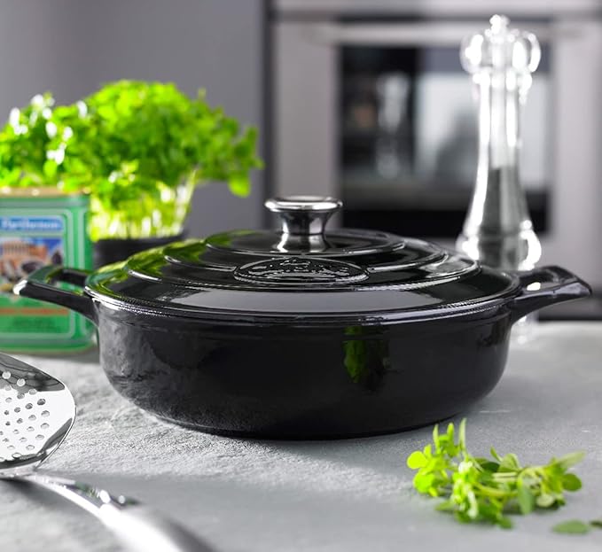 La Cuisine Enameled Cast Iron Braiser Sauté Pan Shallow Casserole with lid, 3.75 Quart 11" Dia. Matt Black Enamel Coating Interior, Glossy Black Exterior, Oven Safe, Induction Cooktop Compatible