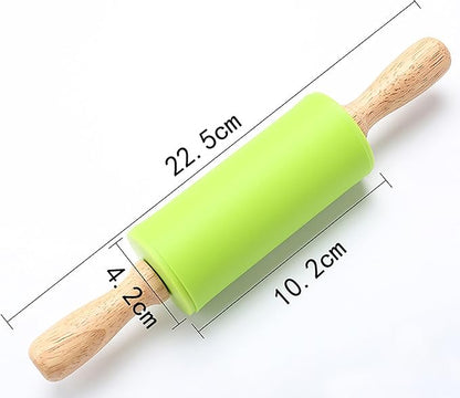 Green Rolling Pin, 9 Inch Silicon Rolling Pin with Wooden Handle for Kneading the Dough of Baking Bread, Pizza, Cookie, Noodles (green, 9 inch)