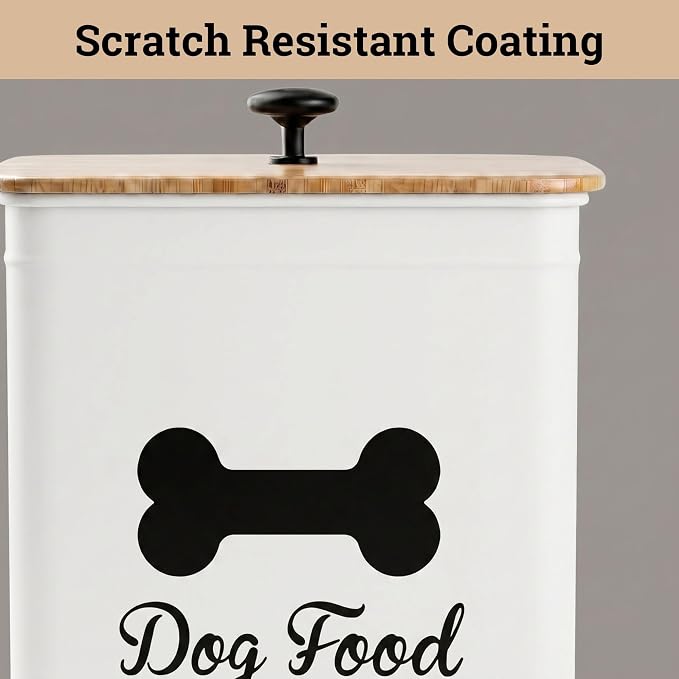 Dog Food Container Airtight 5-7 lb (25 Cup) Capacity - Cute Airtight Dog Food Storage Container with Bamboo Lid & Sturdy Metal Handle - White Metal Kibble Storage Bin for Dogs up to 50 lbs - Pet Jar
