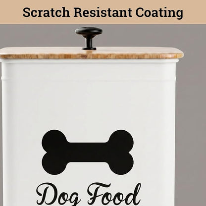 Dog Food Container Airtight 5-7 lb (25 Cup) Capacity - Cute Airtight Dog Food Storage Container with Bamboo Lid & Sturdy Metal Handle - White Metal Kibble Storage Bin for Dogs up to 50 lbs - Pet Jar