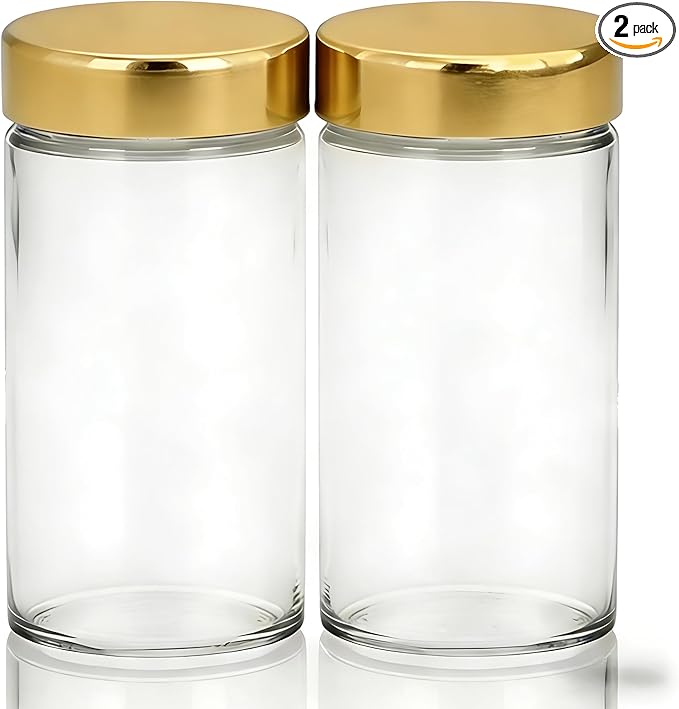 2 PCS 3 oz Clear Glass Spice Jars/Bottles,GOLD Plastic Lids Empty Round Spice Containers with Airtight Caps with Shaker Lids