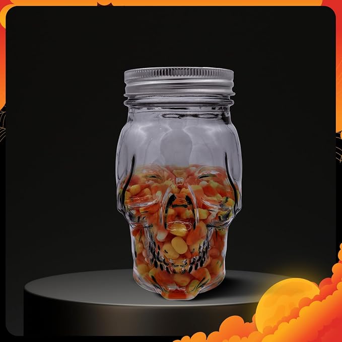 DURA LIVING Set of 2 Skull Mason Jar Glasses with Lids | 16oz Reusable Halloween Drinking Glasses | Unique Skull Décor, Storage, & Canning Jars for Parties & Gifts