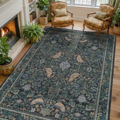 Washable 6x8 Blue Floral Area Rug for Living Room, Boho Farmhouse Dining Room Rug, Low Pile Soft Bedroom Carpet, Plant & Bird Pattern Home Décor, Non Slip & Stain Resistant