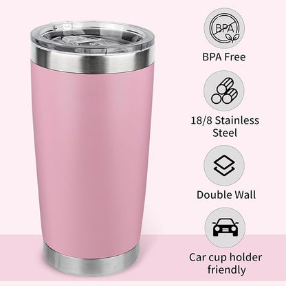 20oz Stainless Steel Tumbler Bulk with Lid, Travel Mug - Double Wall Vacuum Powder Coated Cup - Light Pink, 12 Pack