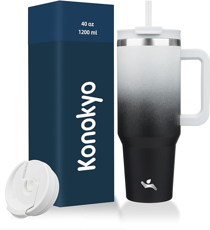 Konokyo 40 oz Tumbler with Handle and 2 Straws,2 in 1 Lid Insulated Water Bottle Stainless Steel Travel Coffee Mug,Day Night