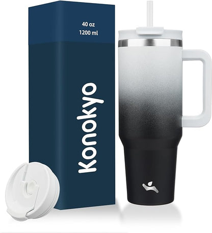 Konokyo 40 oz Tumbler with Handle and 2 Straws,2 in 1 Lid Insulated Water Bottle Stainless Steel Travel Coffee Mug,Day Night