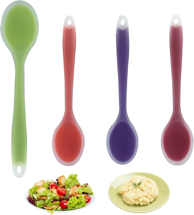 Zorfeter 4 Pcs Small Silicone Spoons, Nonstick Kitchen Spoon Heat Resistant Stirring Serving Spoon for Kitchen Cooking Baking Mixing Tools(Transparent Purple+Orange+Red+Green)