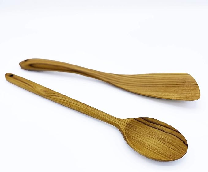 FAAY 12.5 Inch Wood Utensil Set (2 PCS), Teak Wooden Right Hand Spatula & Flat Spoon, 100% Natural from High Moist Resistance Teak Wood, Healthy Wooden Spoon Spatula for Non Stick Cookware