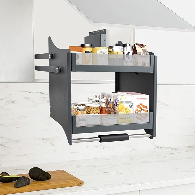 Pull Down Cabinet Organizer, 2-Tier Pull Down Shelf, Heavy-Duty Pull Down Spice Rack, Upper Kitchen Wall Cabinet Storage Organizer, for Kitchen Appliance(24inch Cabinet) (style1)