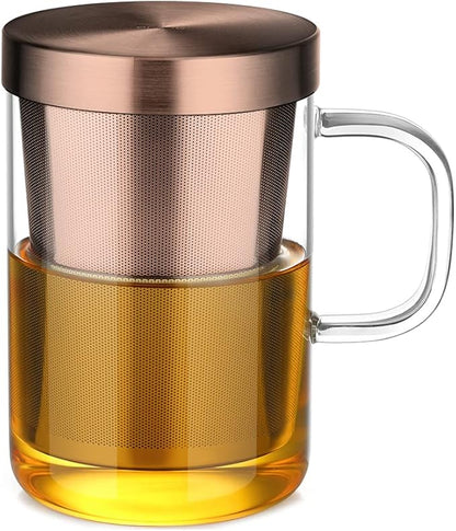 ecooe Tea Infuser Mug 16.9oz Glass Tea Cup with Removable Stainless Steel Infuser and Lid, Clear Glass Tea Cup 500ml Teacup for Loose Leaf Tea, Birthday for Parents Dad Mum Friends (Bronze)