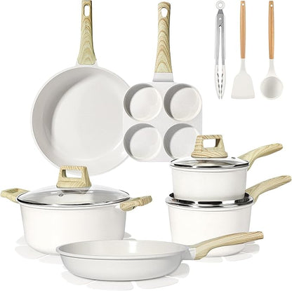 GiPP Ceramic Pots and Pans Set Non Stick - 17 Pcs Nonstick Cookware Set, Non-toxic Healthy Kitchen Cooking Set/Frying Pans Set, Dishwasher Safe, PFAS PTFE PFOA PFOS Free, Cream White