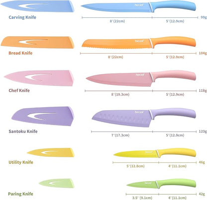 hecef Colorful Knife Set, 6 Pieces with Covers, Dishwasher Safe, Stainless Steel Colour Coded Non-Stick Cooking Knives Including Paring, Utility, Bread, Carving