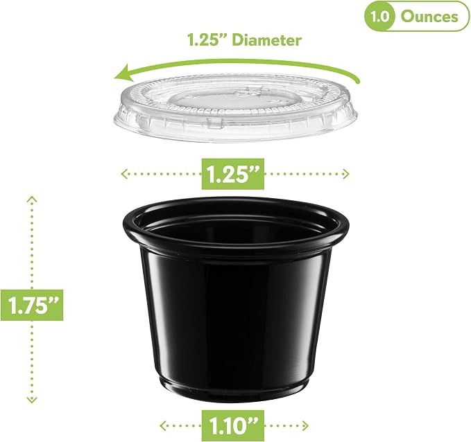 {1 oz - 100 Sets} Black Diposable Plastic Portion Cups With Lids, Small Mini Containers For Portion Controll, Jello Shots, Meal Prep, Sauce Cups, Slime, Condiments, Medicine, Dressings, Crafts, Disposable Souffle Cups & Much more