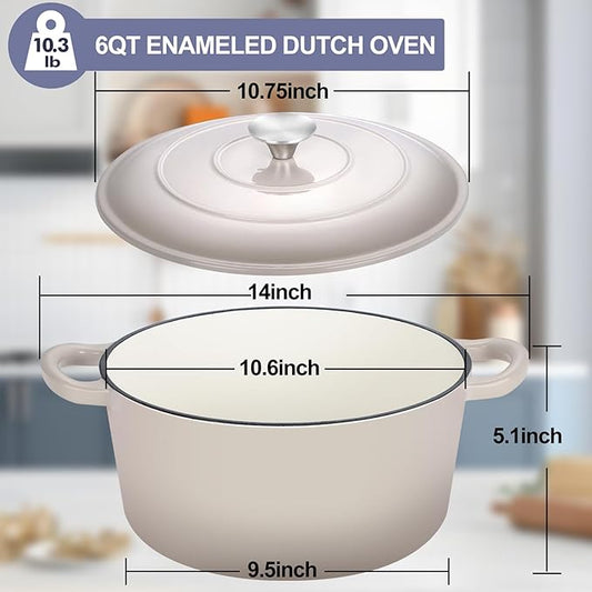 TeamFar Dutch Oven, 6QT Enameled Cast Iron Dutch Oven Cooking Pot with Lid & Dual Handles, for Bread Baking Braising Stewing, Heavy Duty & Non Stick, Oven & All Stovetops Safe - Khaki