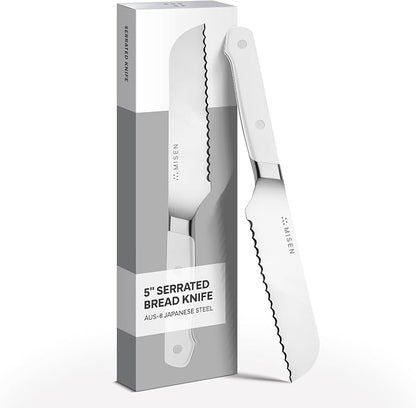 Misen Serrated Bread Knife - High-Carbon Japanese AUS8 Steel - Perfect for Soft Foods, Bread, Pastries, and Fruits - Verstatile Slicer, Razor-Sharp Edge, Durable Blade, Ergonomic Handle - 5", White