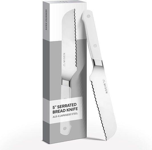 Misen Serrated Bread Knife - High-Carbon Japanese AUS8 Steel - Perfect for Soft Foods, Bread, Pastries, and Fruits - Verstatile Slicer, Razor-Sharp Edge, Durable Blade, Ergonomic Handle - 5", White