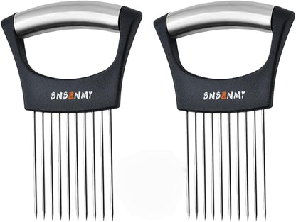 Onion Holder for Slicing, Upgrade Stainless Steel Onion Slicer Holder Lemon Slicer Vegetable Cutter, Assistant Tool for Slicing Fruit, Potato, Tomato and Meat (2 Pack)