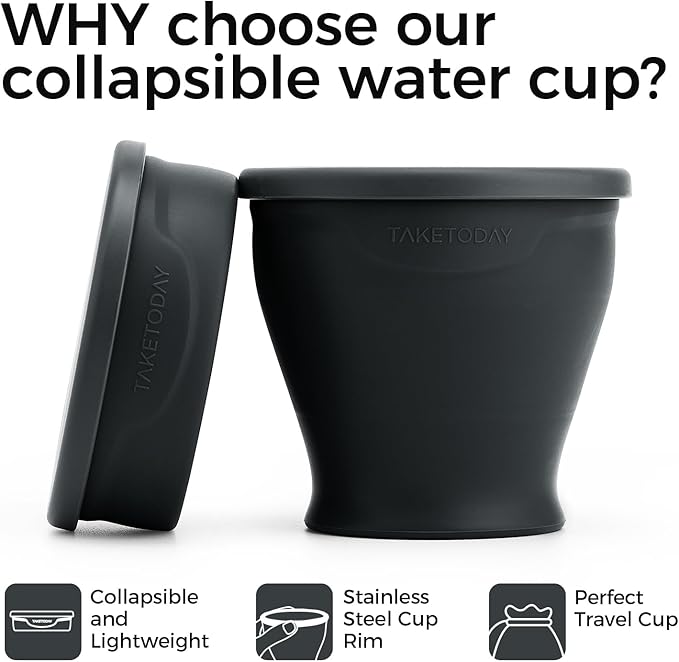 TakeToday 2PCS Collapsible Travel Cup 8 oz - Silicone Foldable Water Cup, BPA-Free with Lid & Waterproof Bag - Drinking Cup Set for Camping, Outdoors & International Travel（ Navy & Charcoal）