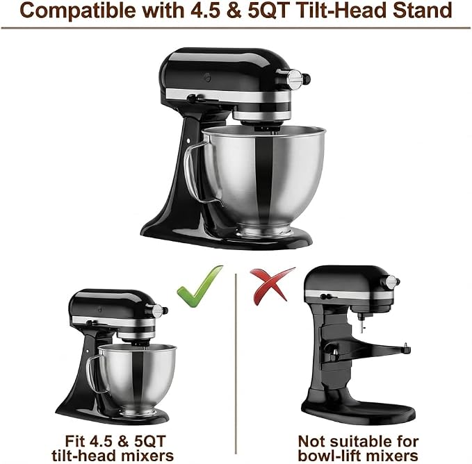 Stainless Steel Mixing Bowl Compatible with Kitchen Aid 4.5-5 QT Tilt-Head Stand Mixers, 5 Qt Bowls for Mixer with Stainless Steel Locking Base