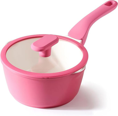 PRICUSIS Ceramic Nonstick Saucepan with Lid, 2 Quart Non Toxic Pot with Pour Spouts, Full Coated, 100% Dishwasher Safe, Induction Compatible, PTFE PFAS & PFOA Free, Raspberry Red