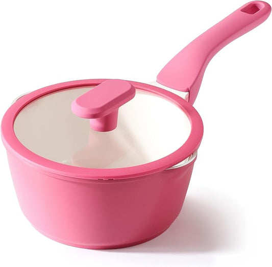 PRICUSIS Ceramic Nonstick Saucepan with Lid, 2 Quart Non Toxic Pot with Pour Spouts, Full Coated, 100% Dishwasher Safe, Induction Compatible, PTFE PFAS & PFOA Free, Raspberry Red